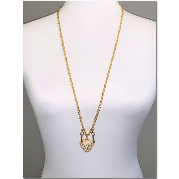 Napier Jewelry - Napier Gold Crystal Heart Faux Locket and Keys Long Necklace EUC
